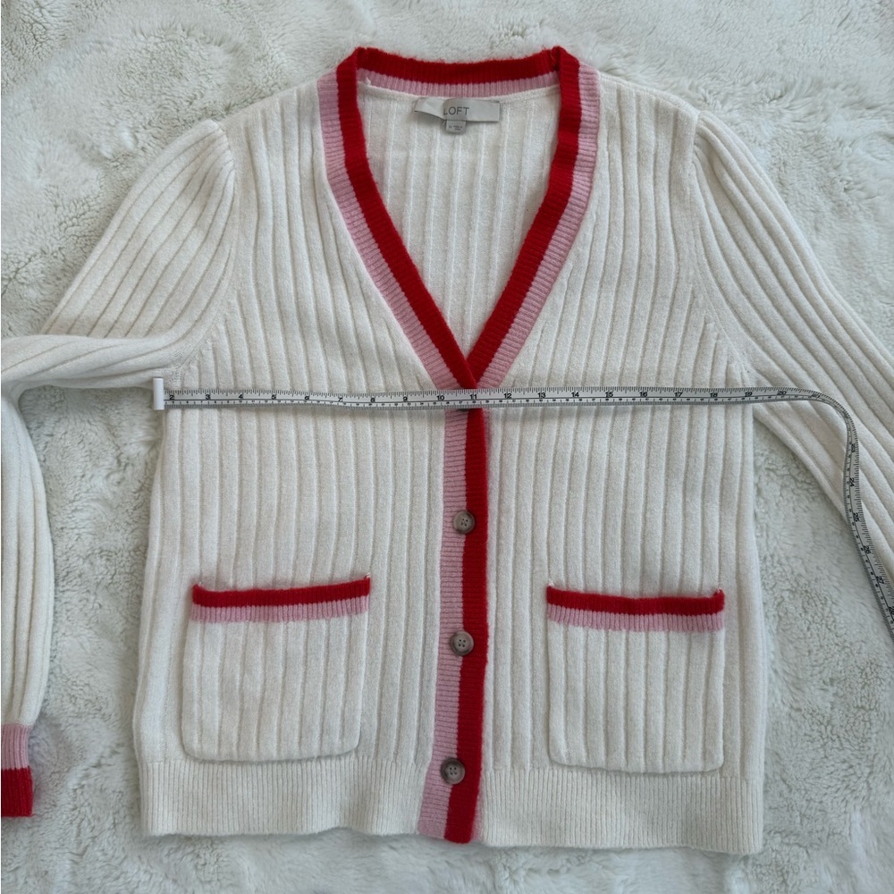LOFT Ribbed V-Neck Cardigan Cream Pink Red/Orange Colorblock Trim Size Medium - Picture 6 of 9